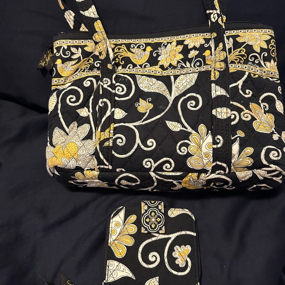 Vera Bradley Black and Yellow Floral Shoulder Bag and Bifold Wallet